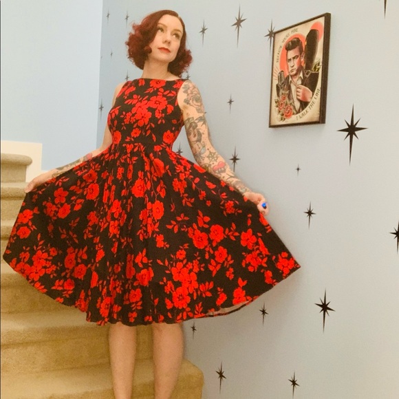 Dolly and Dotty Dresses & Skirts - Dolly and Dottie red and black flowered pinup vintage style swing dress